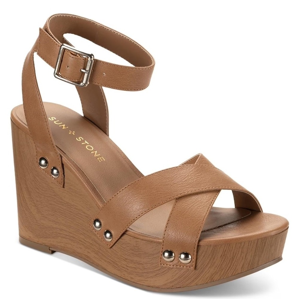 Sun + Stone Tiaraap Cognac Wedge Sandals Womens 9.5 M Brown 10016855000